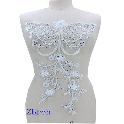 

Ivory white lace applique with silver beads peal rhinestones patches 4826cm for wedding dress accessory