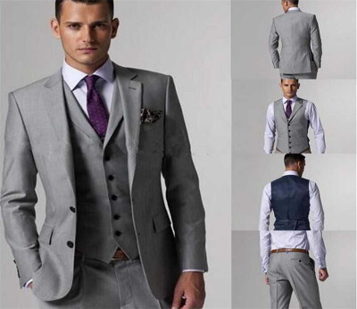 

Slim Fit Light Grey Groom Tuxedo Notch Lapel Best Man Groomsmen Men Wedding Suit