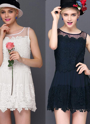 

Sweet Crochet Patchwork Mesh Round Neck Sleeveless Slim Mini Lace Dress Homecoming Dress