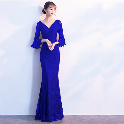 

Sexy backless evening dress female banquet elegant long fishtail annual host dress skirt