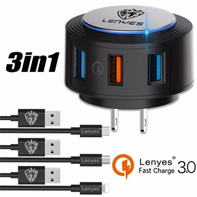 

3 in 1 Wall Charger Fast Charge 30 Multi Port 40A USB Charger adapter Portable with Type C iphone Android Fast Charging Cable