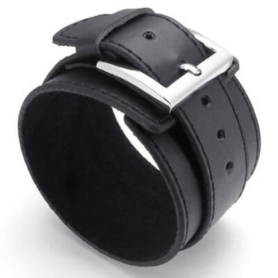 

Hpolw Wide Genuine Black Leather Men's Bangle Cuff Bracelet