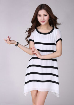 

Summer Women Chiffon Loose Big Yards M-XXL Black and White Striped Party dress