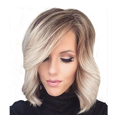 

QianBaiHui Short Wavy Wigs for Women Dark Brown Roots Ombre Blonde Synthetic Wigs Natural Looking Fashion Full Wigs Wig Cap