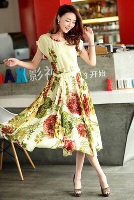 

New Summer Elegant Bohemian Style Short Sleeve Chiffon Dress Casual /L/XL/XXL