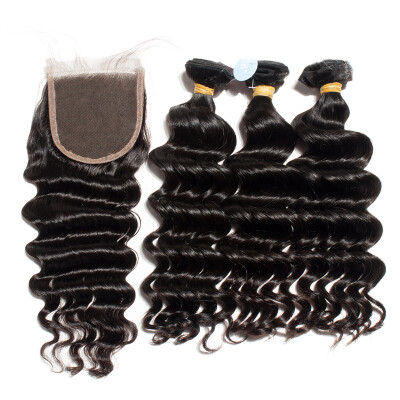 

10A Unprocessed Peruvian Virgin Human Hair Weave 3 Bundles With Lace Closure Loose Deep Wave Curly Cuticle Aligned Hair Extensions