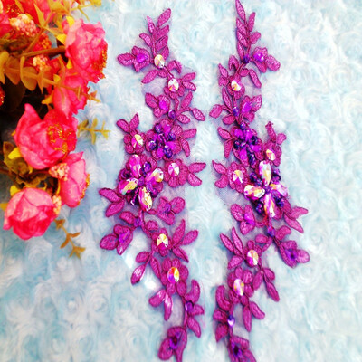 

Handmade sequins Rhinestones patches Purple lace applique sew on Delicate embroidered 23x8cm for dress