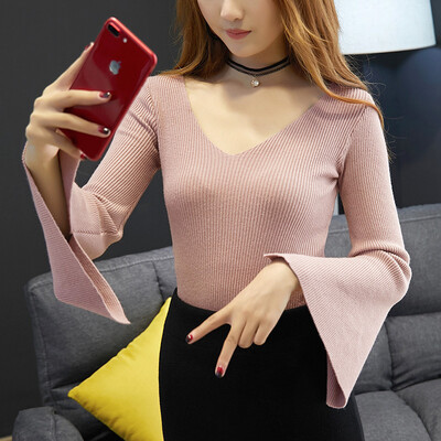 

Spring sweater new sweater bottoming coat deep V collar collar trumpet sleeve pure color body repair coat