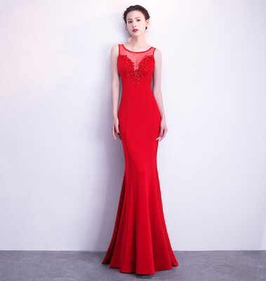 

New Korean sexy fish tail long banquet red evening dress skirt party