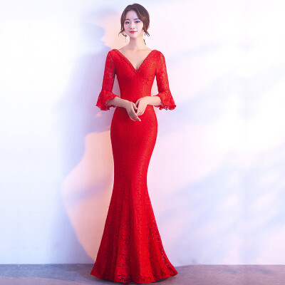 

Sexy backless evening dress female banquet elegant long fishtail annual host dress skirt