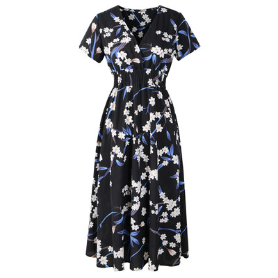 

Try Everything For Women Chiffon Dress Summer Black Short Sleeve Casual Dress 2018 Floral Print V Neck Draped Midi Womens Dress