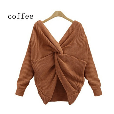 

2018 Two Wearing V-neck Knotted Backless Sweater Long-sleeved Women