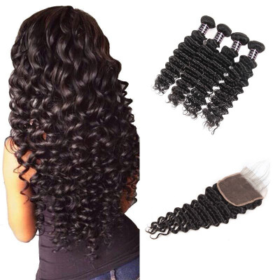 

Ishow Hair Brazilian Deep Wave With Baby Hair With Closure 7A Brazilian Virgin Hair 4Bundles With Closure Natural Color