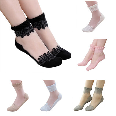 

Womens Girls Thin Lace Ice Silk Pattern Transparent Crystal Stockings Socks