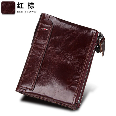 

Crazy Horse Leather Mens Wallet Leather Short Anti-RFID Pirate Brush Mens Wallet Double Zip Wallet