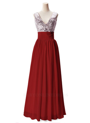 

V Neck Sequined Chiffon Long Prom Dresses Sleeveless Formal Party Evening Bridesmaid Dresses