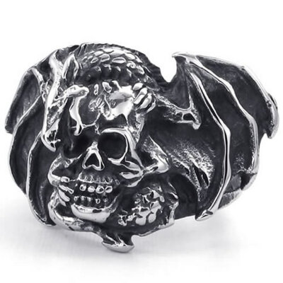 

Hpolw Mens Stainless Steel Ring, Vintage Gothic Dragon Skull, Black Silver