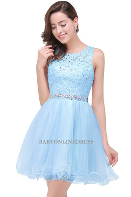 

New Arrival Beaded Homecoming Dresses Scoop Neck Soft Tulle Party Dresses Mini Dress Lace Graduation Dresses 2018