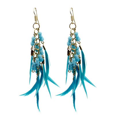 

Idealway Bohemian Style New Fashion Blue Resin Beads Feather Tassel Hook Long Dangle Earrings women jewelry