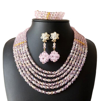 

6 Strands Blue Water Drops Beads African Wedding Statement Necklace Nigerian Wedding Beads African Costumes Jewelry Set for Women