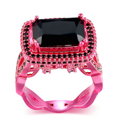 

New Luxury Fashion Square Black Cubic Zirconia Pink Gold Color Ring Cocktail Rings For Women Wedding&Engagement Ring DD042