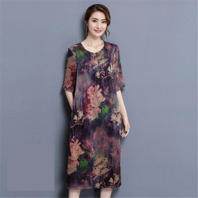 

Silk Haut Elegant Floral Printing Dress Fashion Women Casual Plus Size Fat Mm Femme Dress