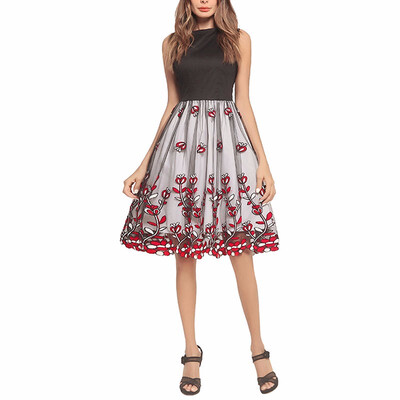

BOFUTE New Summer Europe America Womens Dresses Mesh Stitching Lace Vest Big Pendulum Mid Skirt A0017