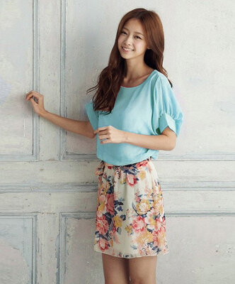 

Womens Charming Summer Crewneck Chiffon Bat Sleeve Floral Casual Dress