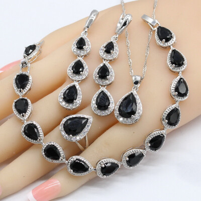 

Water Drop Black Saphire 925 Silver Jewelry Sets For Women Necklace Pendant Bracelets Long Earrings
