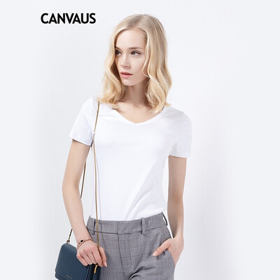 

Canvaus Summer Women Solid Color Cotton Commuter Basic Slim Simple V-neck Short-sleeved T-shirt