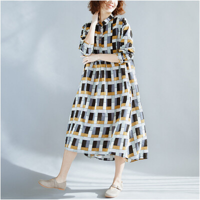 

QUZIHUA 2018 Loose Asymmetrical A-line Long Sleeve Turn-down Collar Plaid Plus Size Women Spring Dress