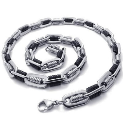 

Hpolw New Popular Jewelry Polished Mens Stainless Steel 316L Black&Silver 2-Tone Necklace geometrical pattern Link Chain