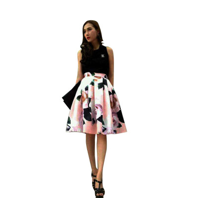 

New Fashion summer Floral Vintage peach blossom print prom skirt Pleated for women free shipping