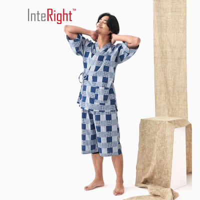 

INTERIGHT home service mens cotton double-layer gauze breathable Japanese home short robe blue XL