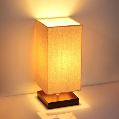 

Bedside Table Lamp Retro Solid Wood Nightstand Light Mini Desk Lamps with Fabric Shade for Bedroom Living Room Dorm Bookcase