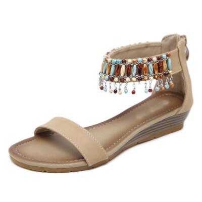 

ethnic style Bohemia women wedge sandals beach casual beading decoration low heel lady shoes slipper