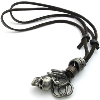 

Hpolw Mens Fashion Jewelry Vintage Gothic Skullskeleton Pirate Charm Silver Pendants Adjustable Brown Genuine Leather Chain