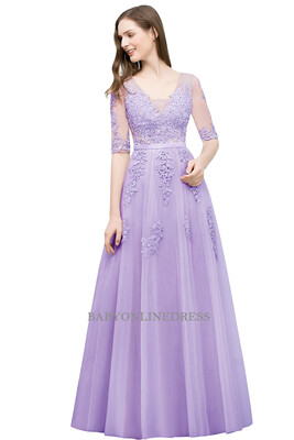 

Babyonline 2018 Half Sleeves Dust Pink Lace Evening Dresses 2018 Backless Applique Long Party Dresses