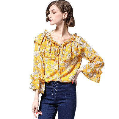 

BURDULLY Loose Floral Printed Chiffon Blouse 2018 New Women Tops Long Sleeve Summer Shirts For Ladies Ruffled Blouses Elegant