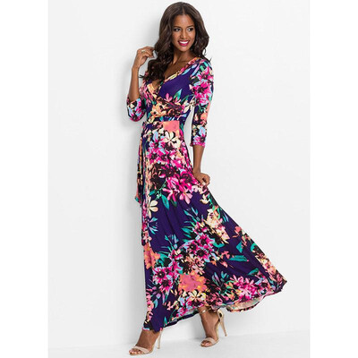 

2018 Summer Dress Sexy Deep V Neck Beach Casual Tunic Femme Vestidos Half Sleeve Boho Floral Printed Women Long Maxi Dresses
