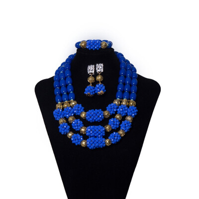 

3 Rows Blue Imitation Coral Beads African Jewelry Set Nigerian Wedding Beads Necklace Women African Bridal Beads Jewelry