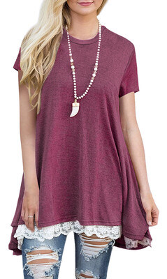 

Twippo Womens Tunic Tops Short Sleeve Flared Swing Top Dress Loose Fit Top for Women Summer Short Sleeve with Lace Hem Fashion