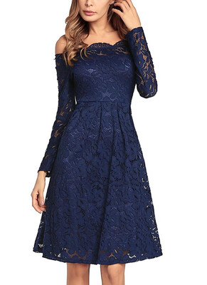 

Vintage Lace Off the Shoulder Long Sleeve A Line Pleated Dress 2018