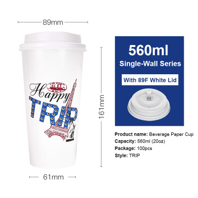 

OTOR 465ml560ml Paper Cup Disposable Tableware For Summer Icy Beverages Cold&Hot Tea Milk Coffee Happy Trip 100pcs