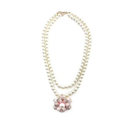 

1pc Women Camellia Flower Imitation Pearl Pendant Two Layer Short Chain Necklace PINK