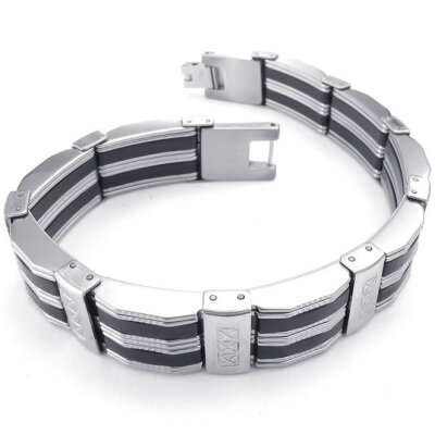 

Hpolw Womens silver&black Stainless Steel Black&white stripes Bolt buttoned Bracelet13mm05" Length 85"216cm