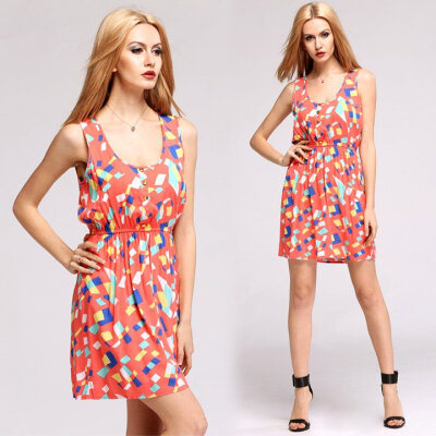 

New Fashion Women Casual Dress Geometric Print Colorful Party Sundress