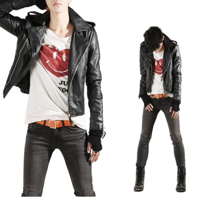 

Men motorcycle PU leather slim fit lapel biker jacket short shoulder strap coat