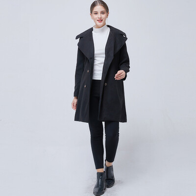 

BURDULLY European Style Elegant Solid Womens Khaki Woolen Coats Winter 2018 Black Double breasted Coat Turndown Collar Overcoat