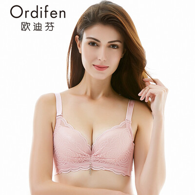 

Ou Difen ladies bra deep V sexy lace embroidered underwear ladies gathered adjustable bra XB5172 pink 70B